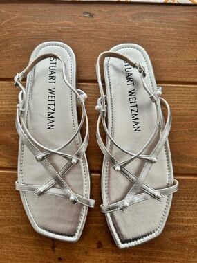 Stuart Weitzman Metallic Silver Strappy Flat Sandals with pearl studs